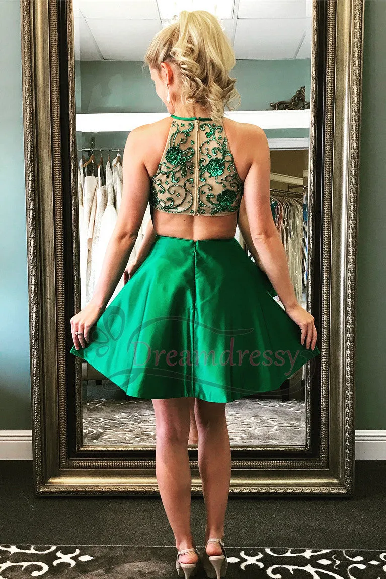 A-line Green Short Homecoming Dress with Beaded Back