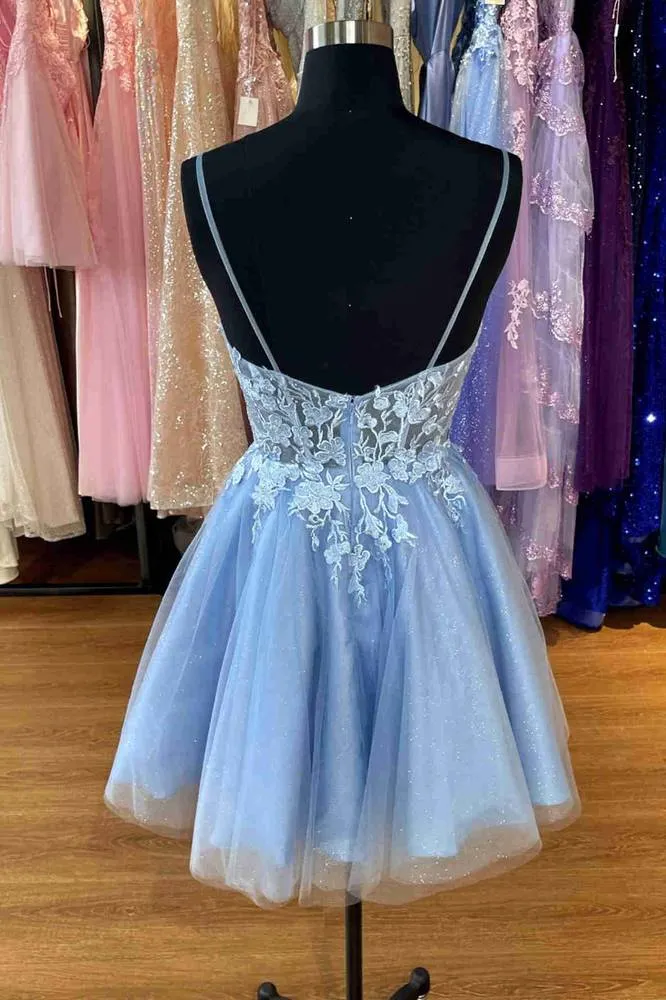 A-Line Straps Light Blue Appliques Short Cocktail Party Dress