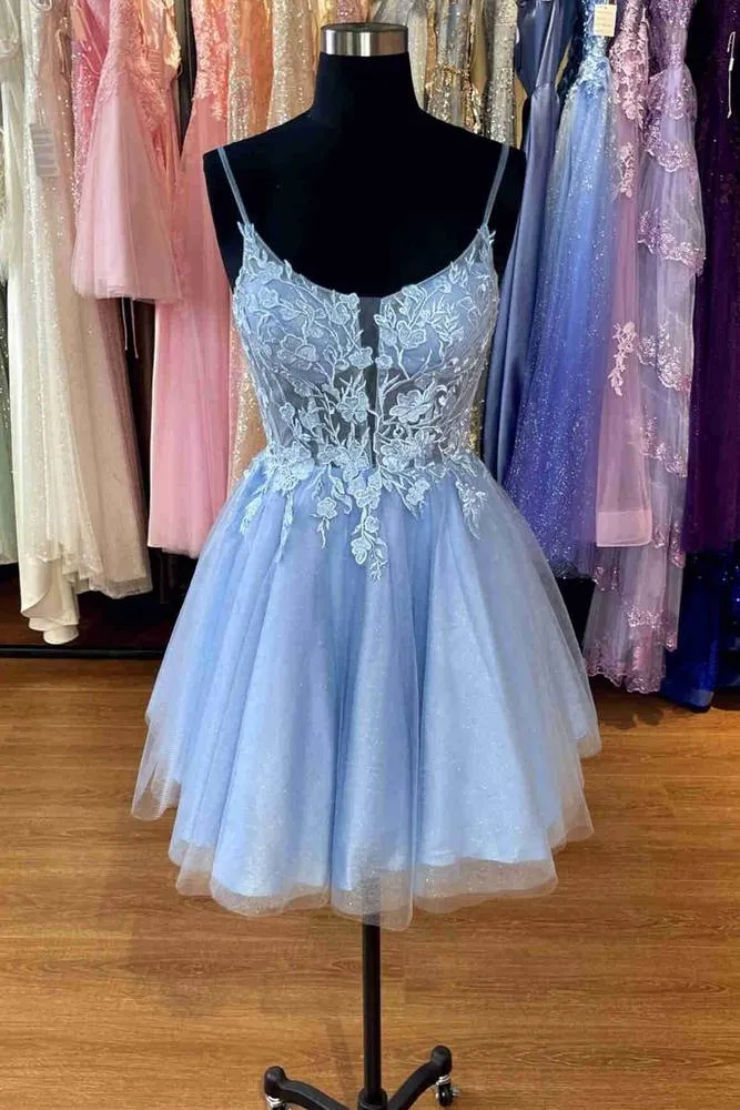 A-Line Straps Light Blue Appliques Short Cocktail Party Dress