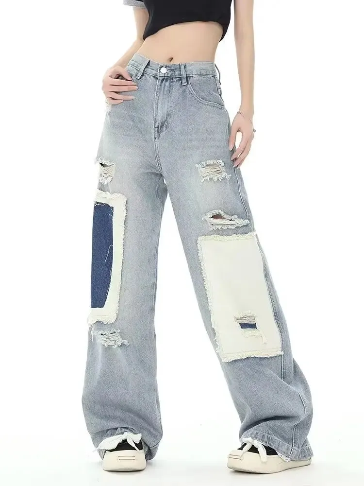 Amy Fashion - Broken Hole Patch Summer Crowd High Waist Loose Straight Leg Women's Jean