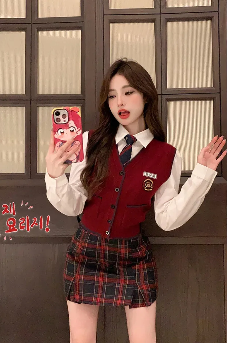 Autumn Red Knitted Long-sleeve Plaid Mini Skirt Fashion Suit