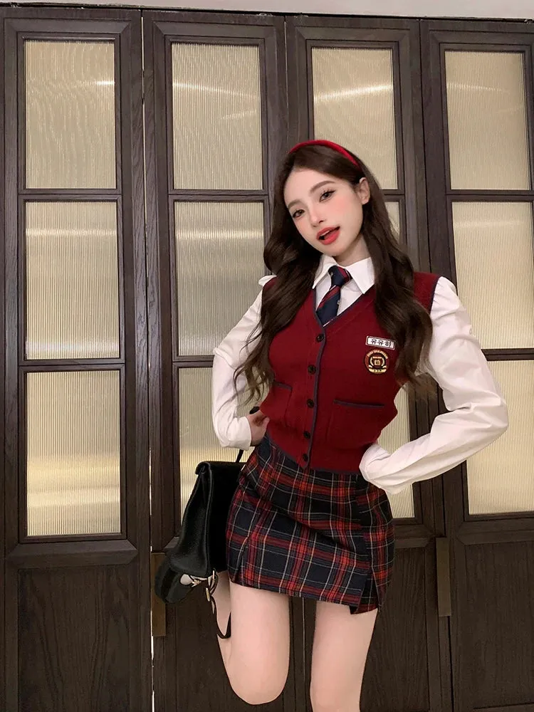 Autumn Red Knitted Long-sleeve Plaid Mini Skirt Fashion Suit