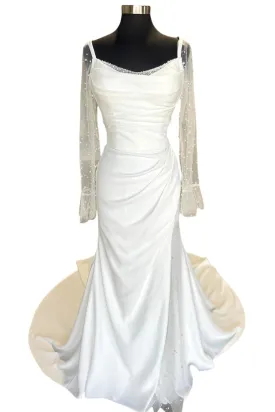 Backless Ruched White Wedding Dress with Detachable Sleeves WD718