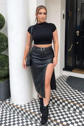 Black Faux Leather Thigh Slit Midi Skirt - Jaden