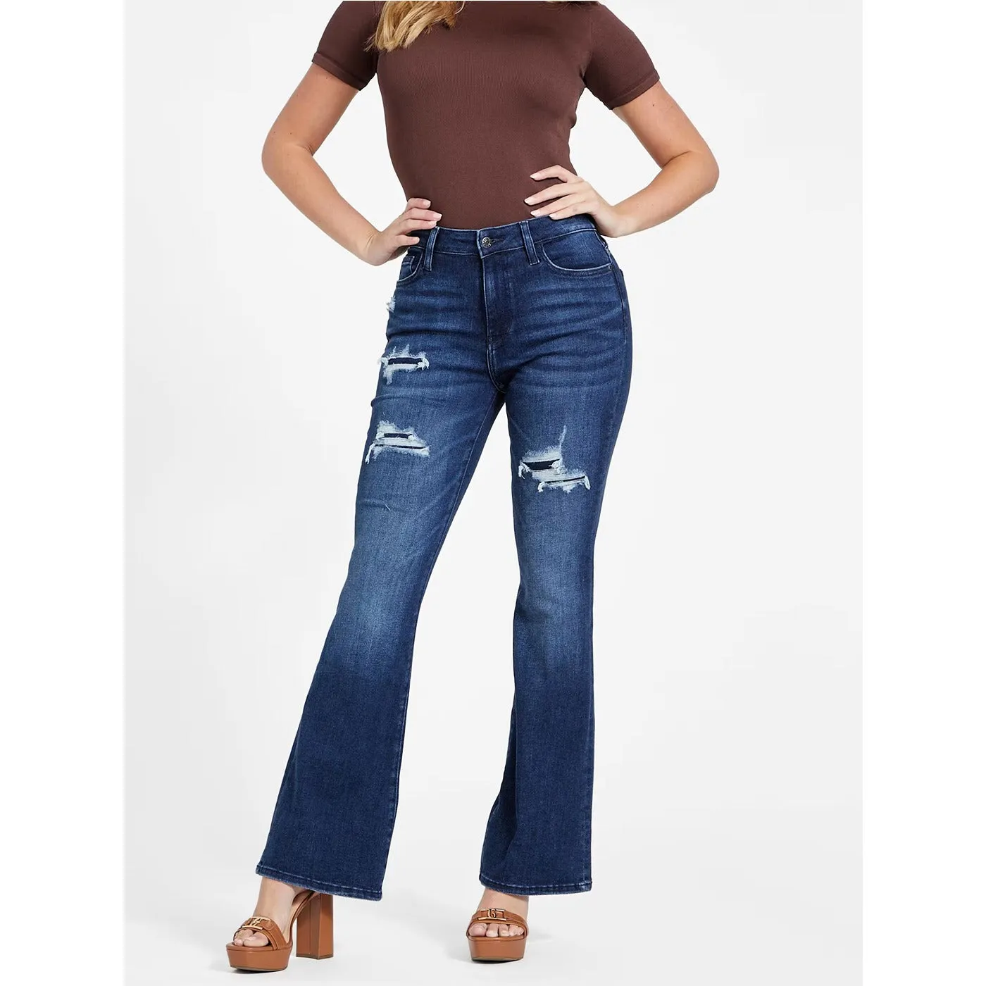 Blue Ripped High Rise Flare Jeans