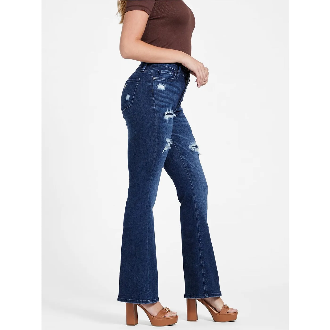 Blue Ripped High Rise Flare Jeans