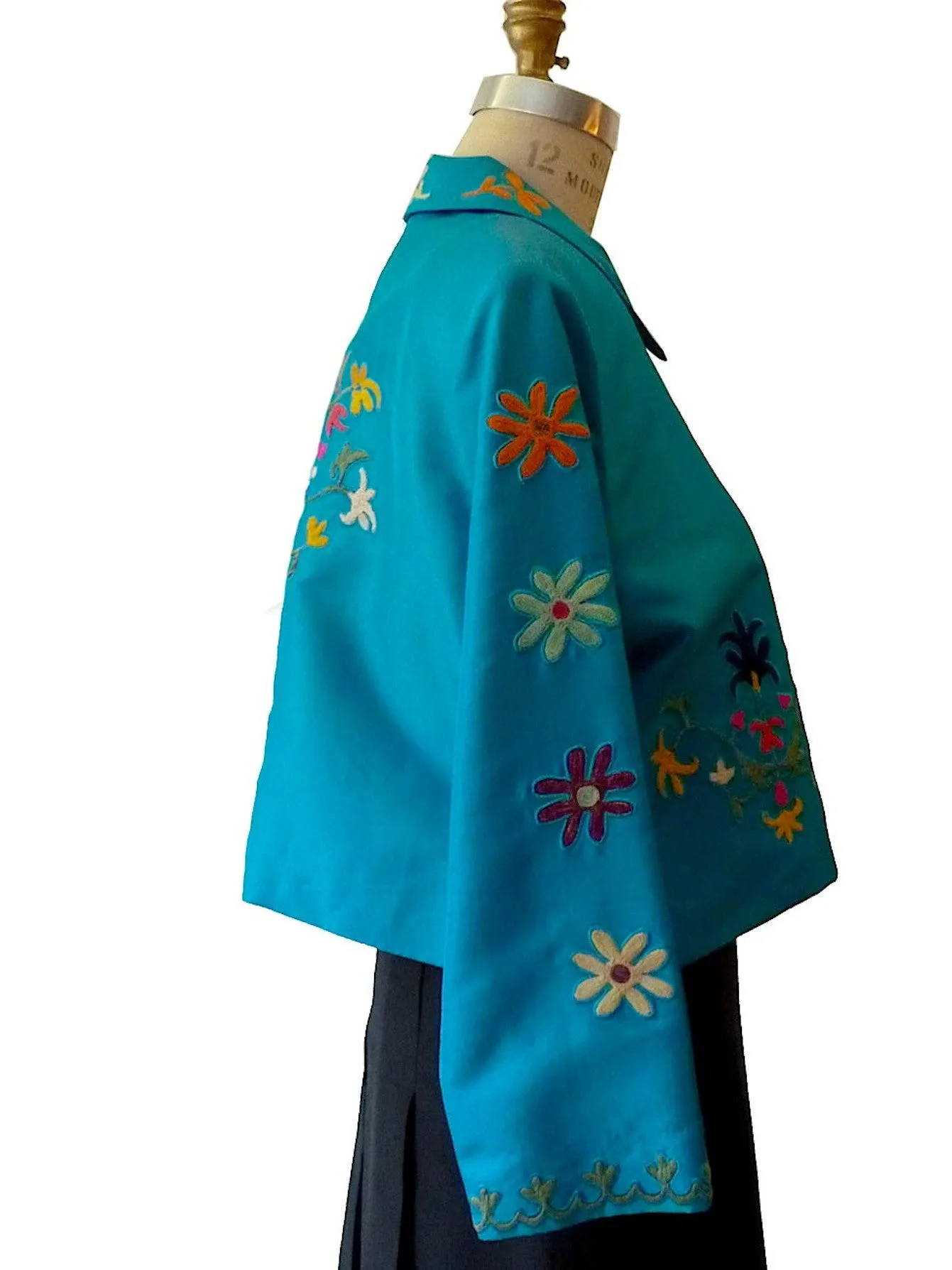 Box Jacket Vintage Suzani Embroidery Turquoise Yellow