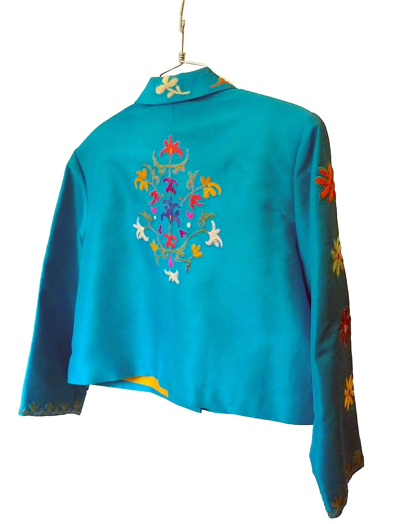 Box Jacket Vintage Suzani Embroidery Turquoise Yellow