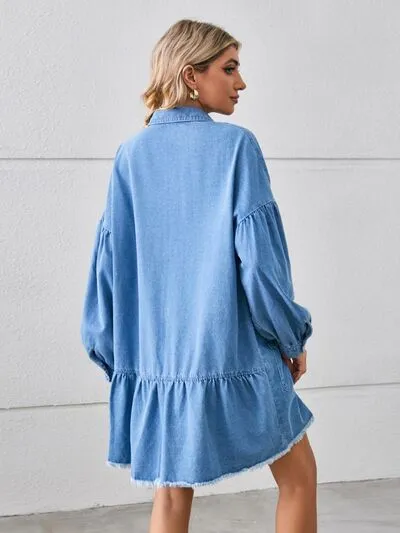 Button Up Pocketed Raw Hem Denim Dress