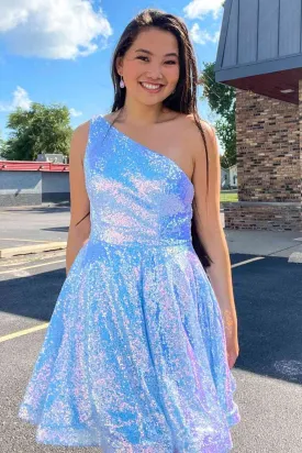 Cute A-Line One Shoulder Sequined Short Homecoming Dress with Pockets