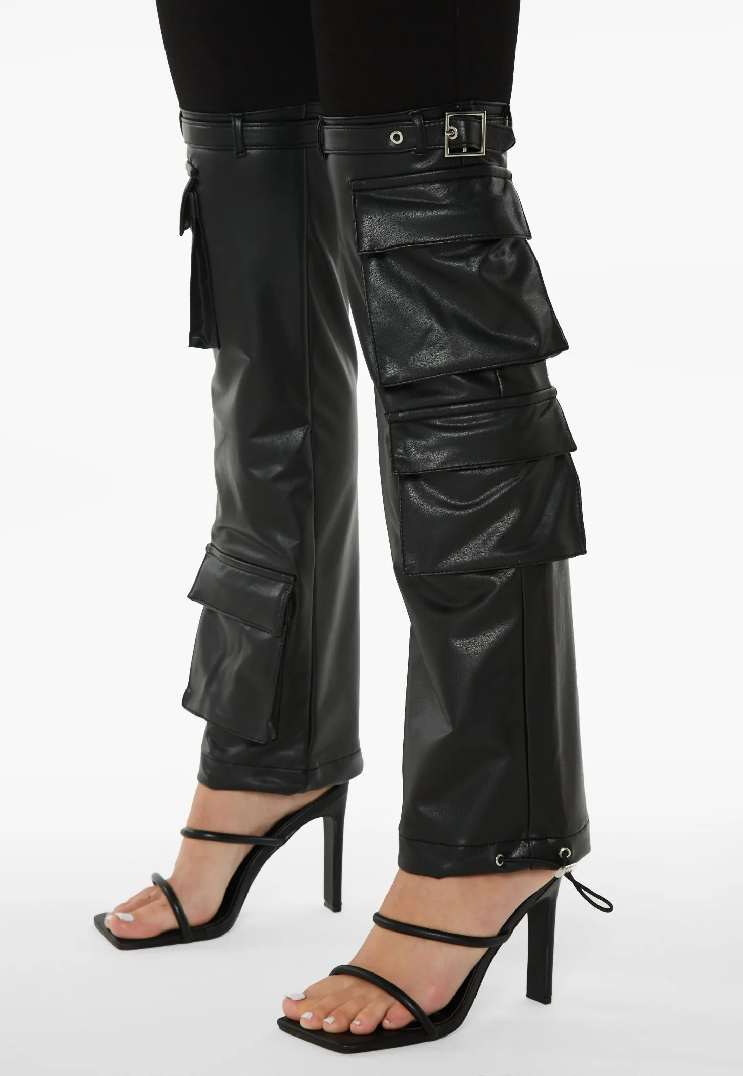 Denim And Faux Leather Mixed Cargo Pants - Black