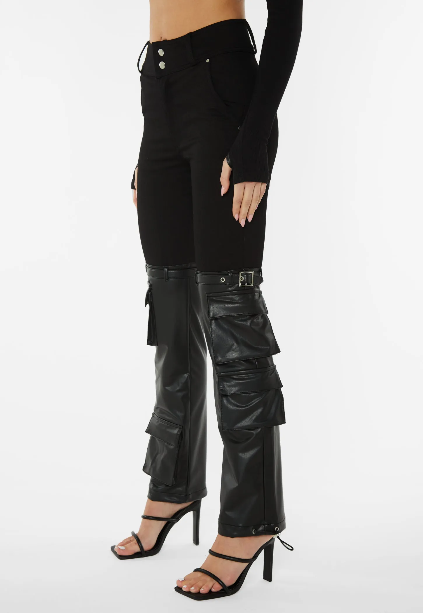 Denim And Faux Leather Mixed Cargo Pants - Black