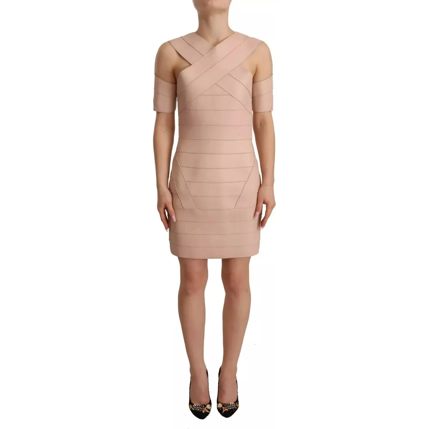 Dsquared² Beige Leather Open Shoulder Sheath Mini Dress