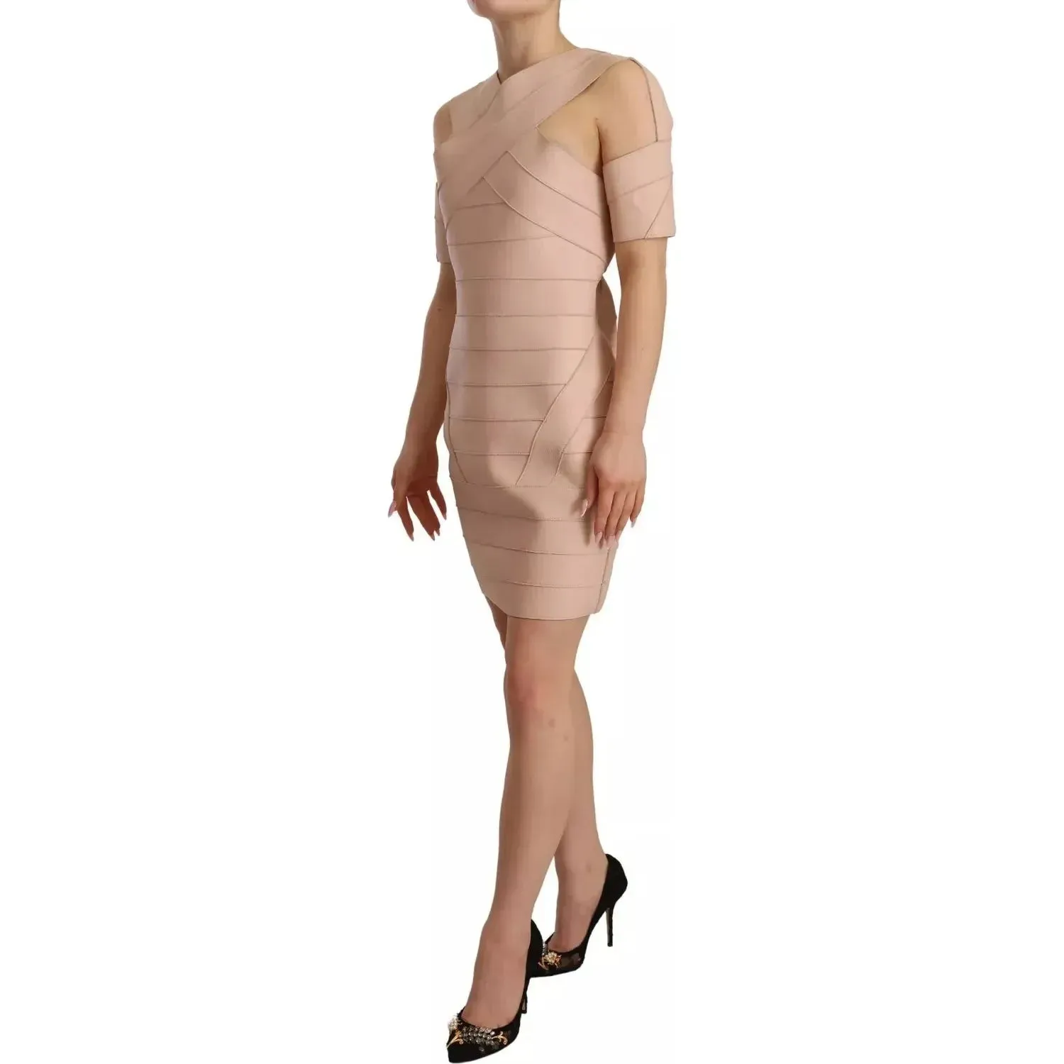 Dsquared² Beige Leather Open Shoulder Sheath Mini Dress