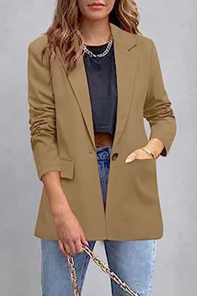 Elegant Solid Pocket Turn-back Collar Outerwear