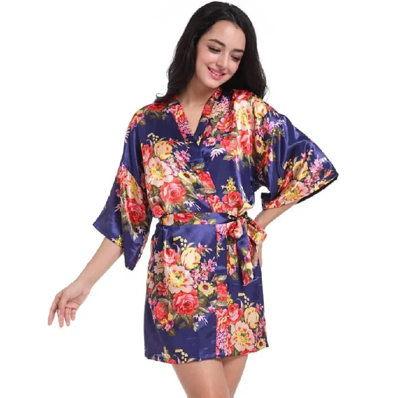 Floral Kimono Robe - Lightweight Polyester Summer Dress with Delicate Floral Pattern