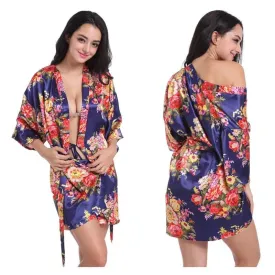 Floral Kimono Robe - Lightweight Polyester Summer Dress with Delicate Floral Pattern