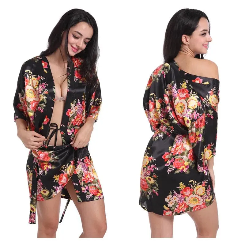 Floral Kimono Robe - Lightweight Polyester Summer Dress with Delicate Floral Pattern