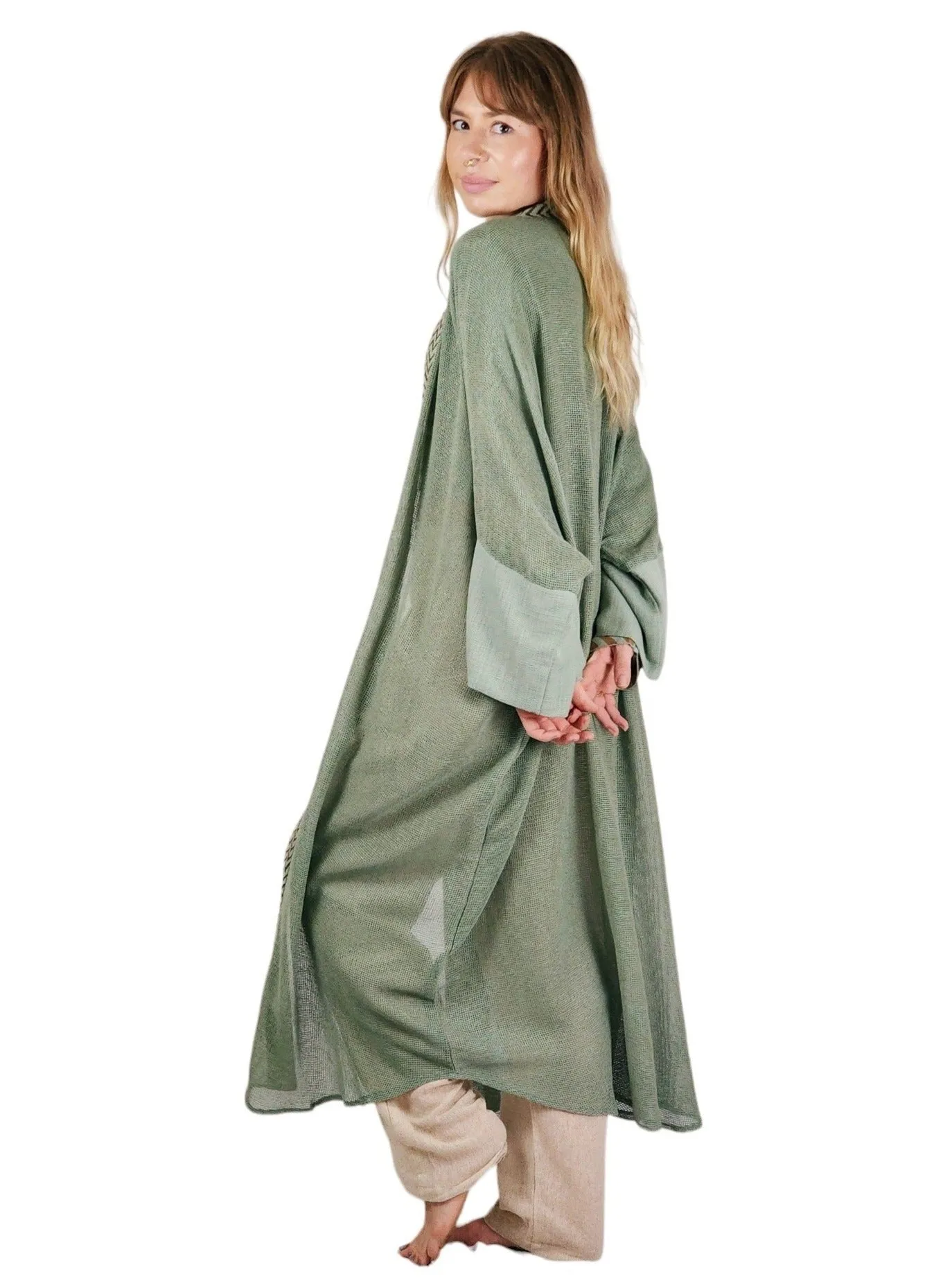 Green Sage Organic Cotton Mesh Long Kimono