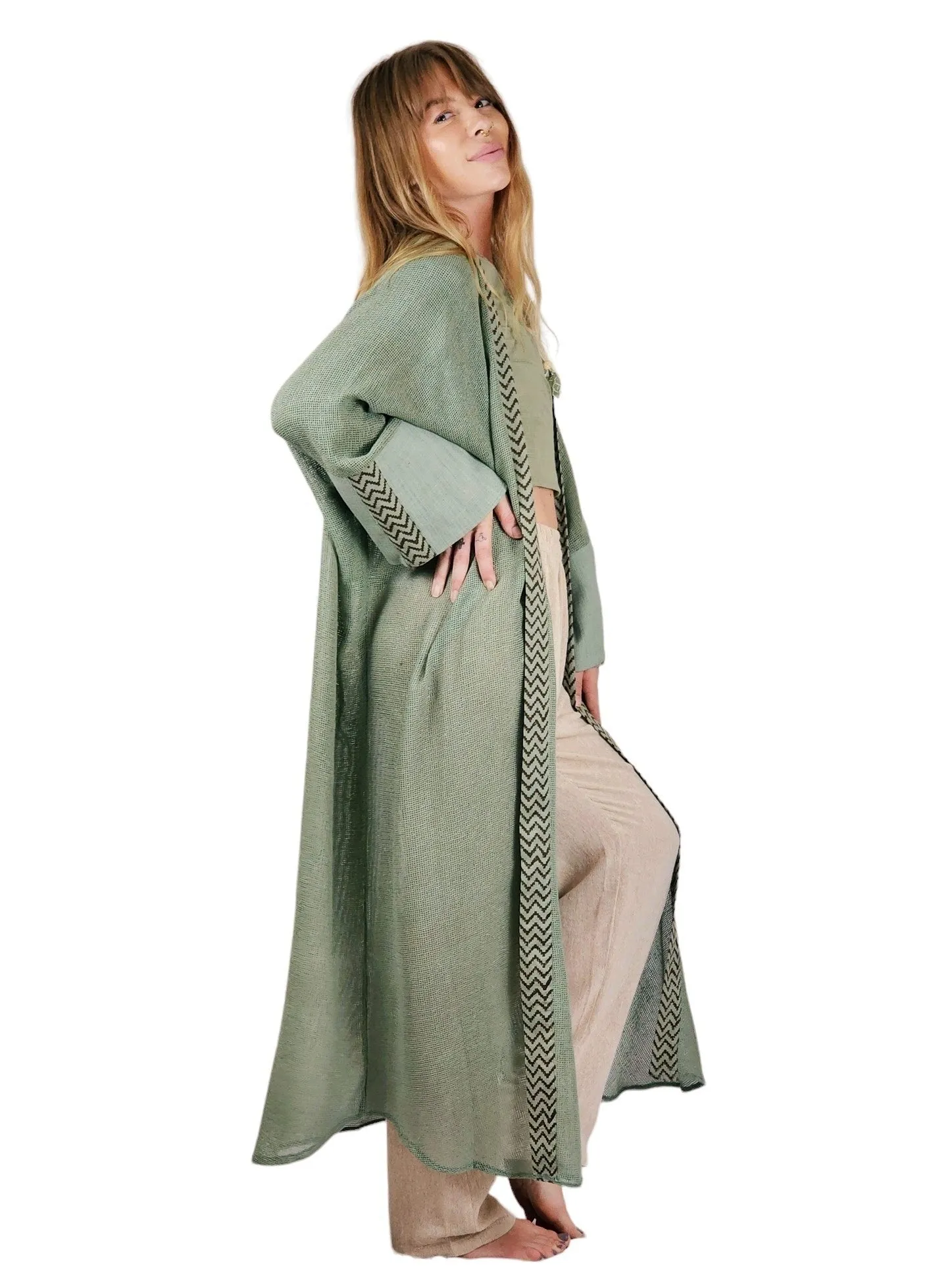 Green Sage Organic Cotton Mesh Long Kimono