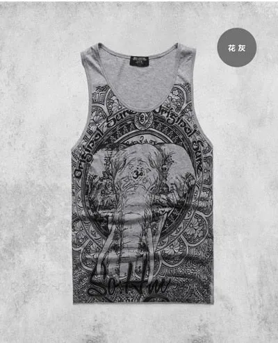 Grey Men Tank Top Casual Fitness Singlets Brand Mens Sleeveless Gasp Hip Hop Vest Elephant Print Cotton undershirt T680