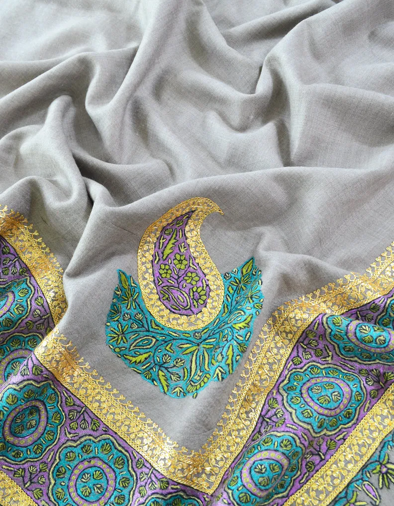 Hand Embroidered Pashmina Shawl Grey 5301