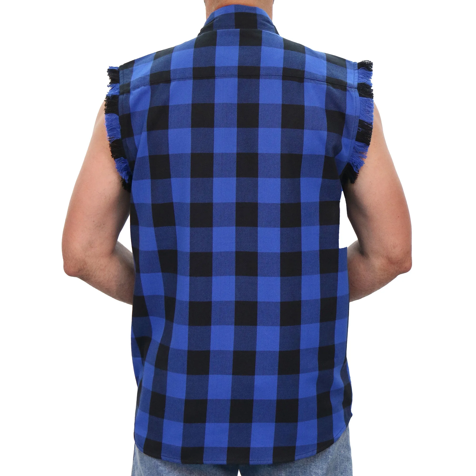 Hot Leathers No Sleeve Fringe Blue and Black Flannel FLM5208