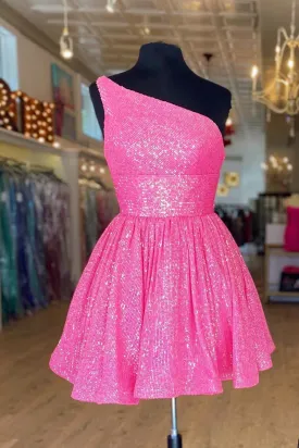 Hot Pink One Shoulder A Line Short Homecoming Dress Sequins