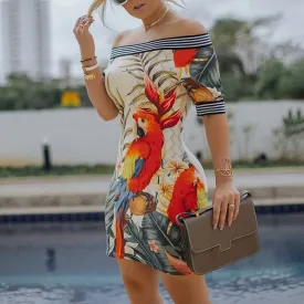 Ladies Off Shoulder Bird Pattern Striped Dress