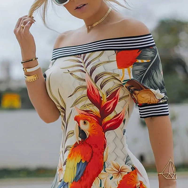 Ladies Off Shoulder Bird Pattern Striped Dress