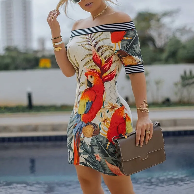 Ladies Off Shoulder Bird Pattern Striped Dress