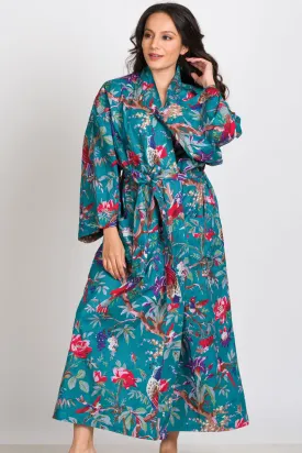 Long Cotton Robe - Teal Island Bird