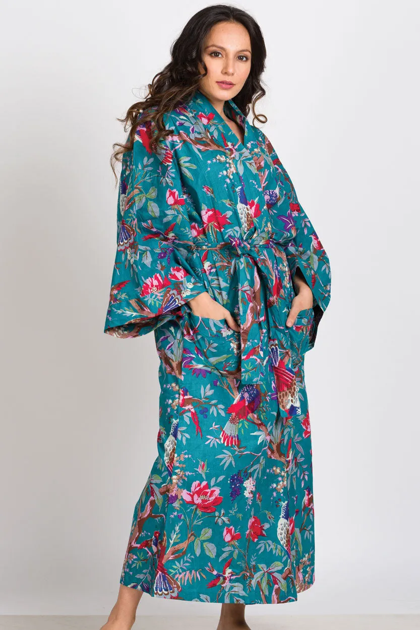 Long Cotton Robe - Teal Island Bird