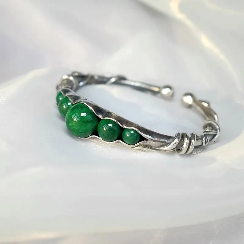 Natural Inspired Handmade 999 Solid Silver Pea Pod Bangle Bracelet with Inlaid Jade