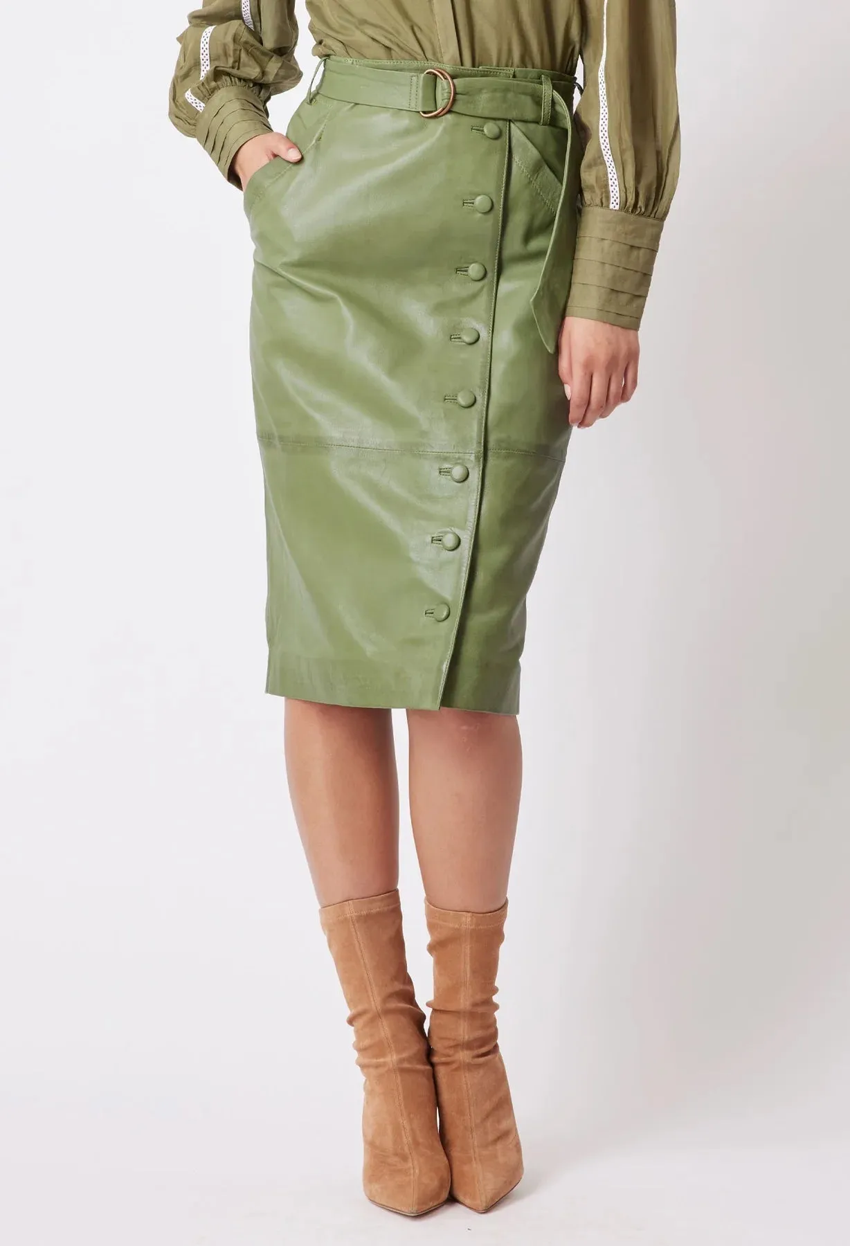 ONCE WAS TALLITHA LEATHER SKIRT IN SAGE