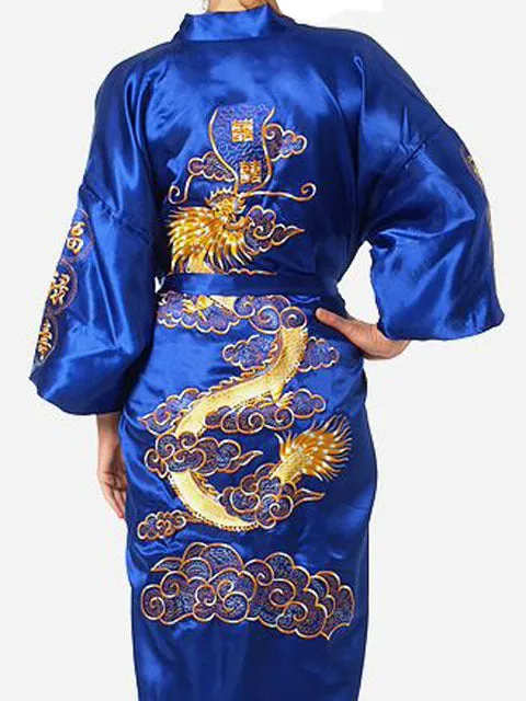 Plus Size Chinese Men Embroidery Dragon Robes Traditional Male Sleepwear Nightwear Kimono With Bandage Wholesale S0014