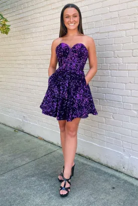 Purple Sequin Sweetheart A-Line Short Homecoming Dress with Pockets