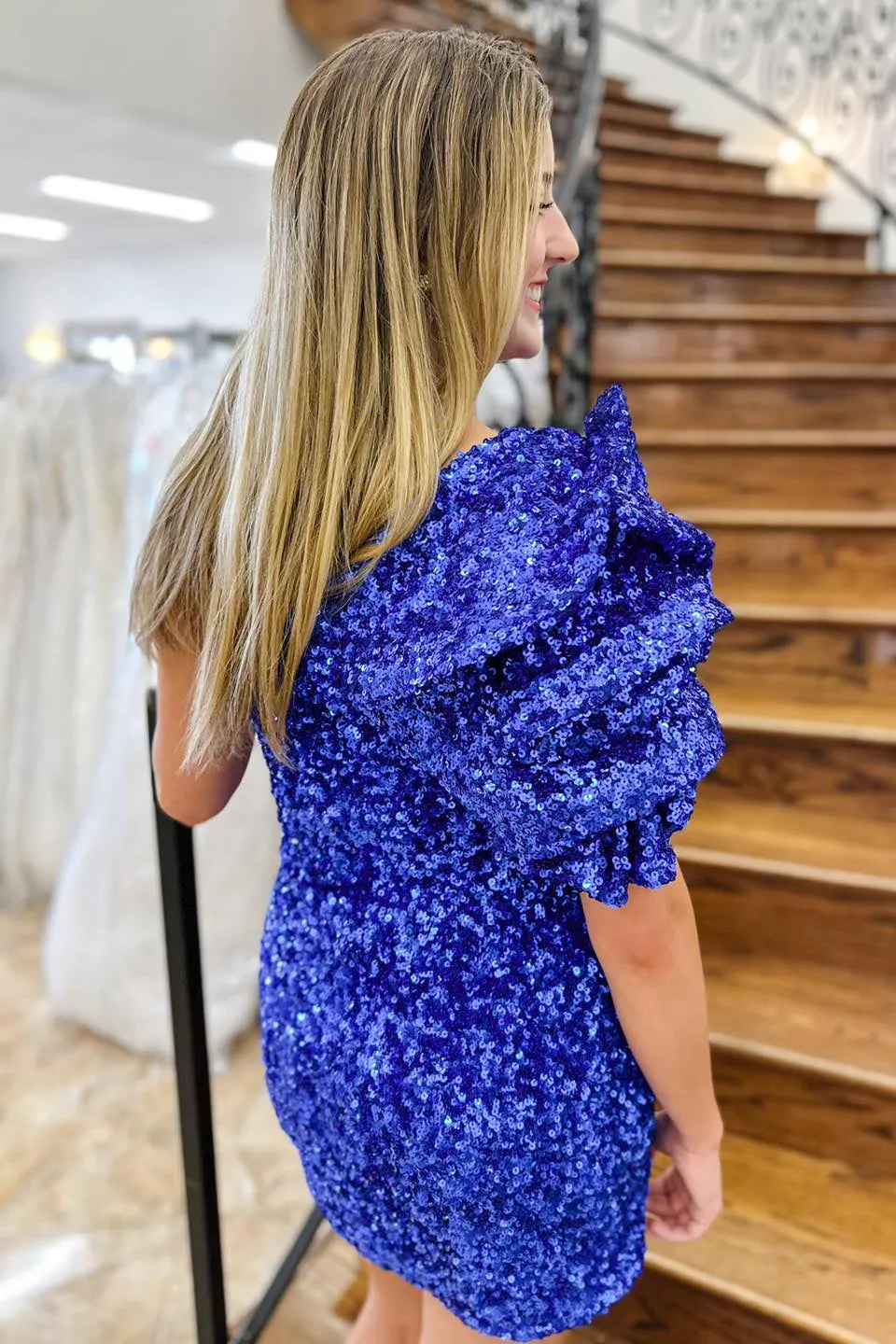 Royal Blue One Shoulder Puff Sleeve Sequins Sheath Cocktail Dress