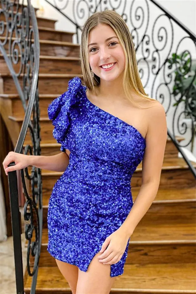 Royal Blue One Shoulder Puff Sleeve Sequins Sheath Cocktail Dress