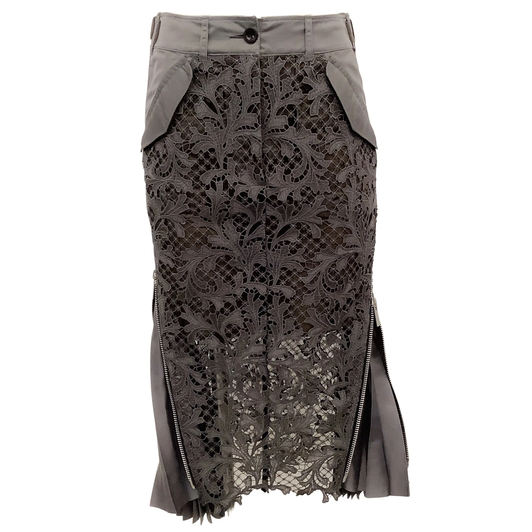 Sacai Grey Lace and Techno Asymmetric Zipper Midi Skirt