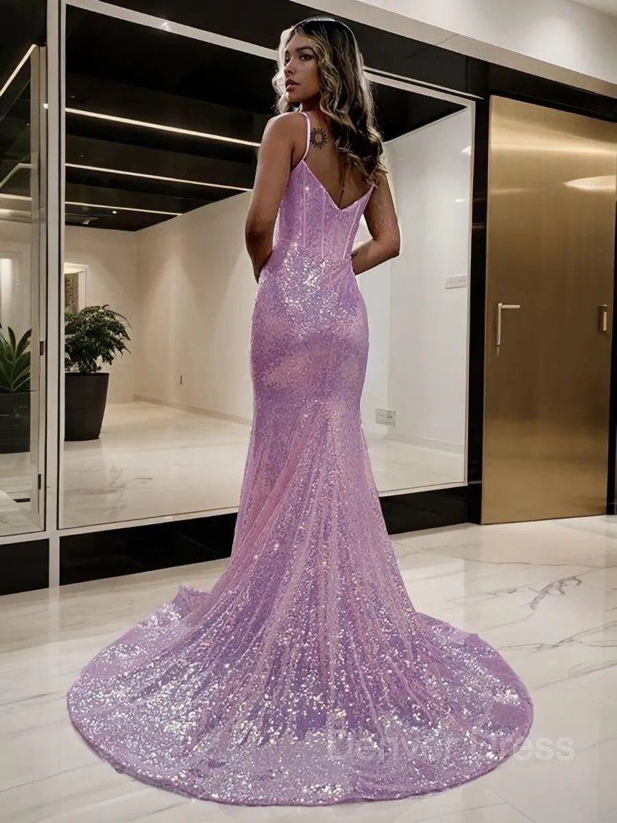 Sheath Spaghetti Straps Court Train Sequins Prom Dresses