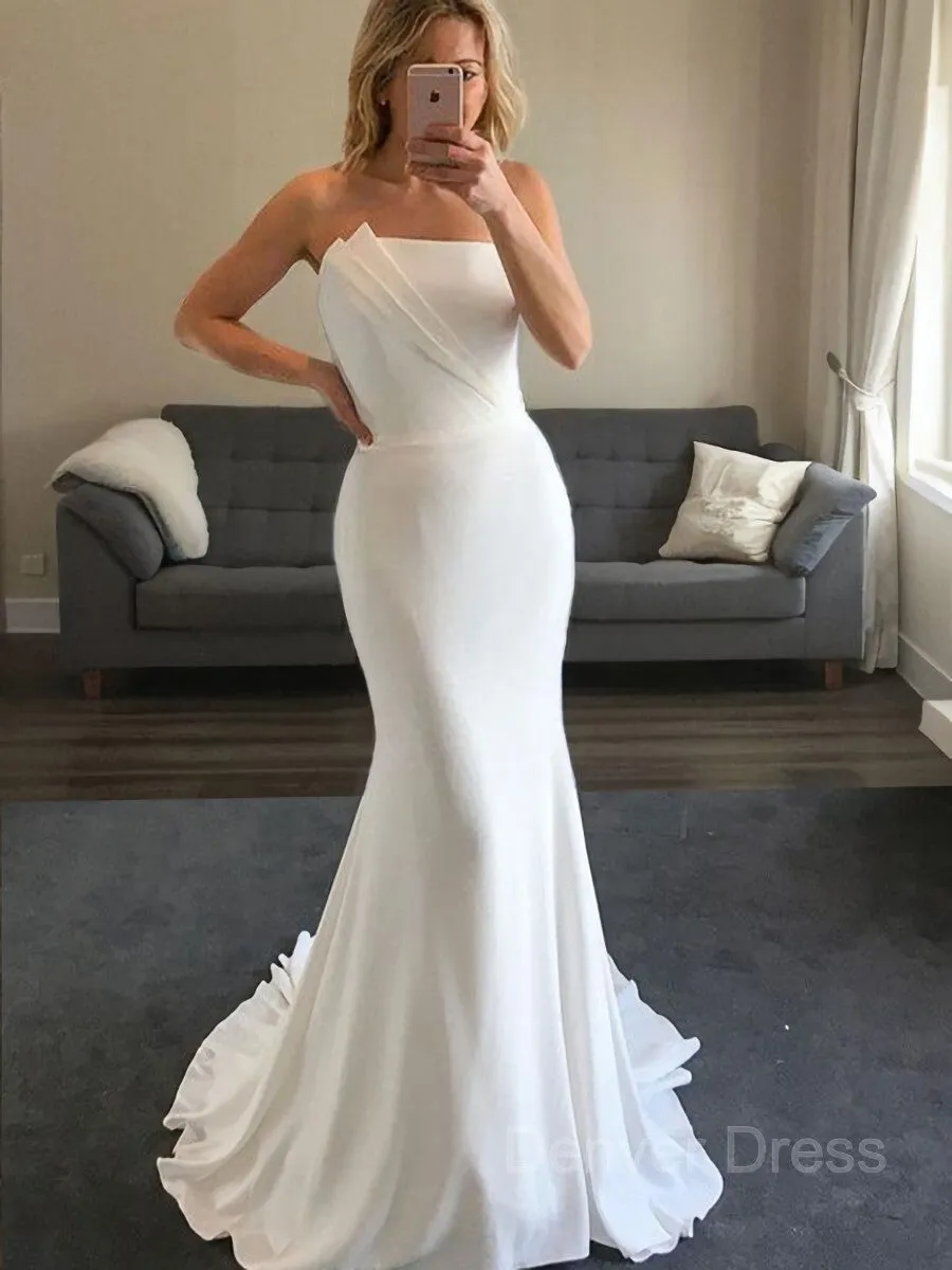 Sheath Strapless Sweep Train Stretch Crepe Wedding Dresses