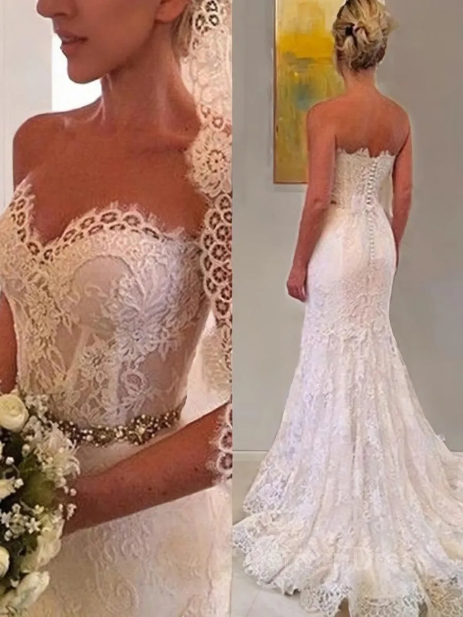 Sheath Sweetheart Sweep Train Lace Wedding Dresses With Beading