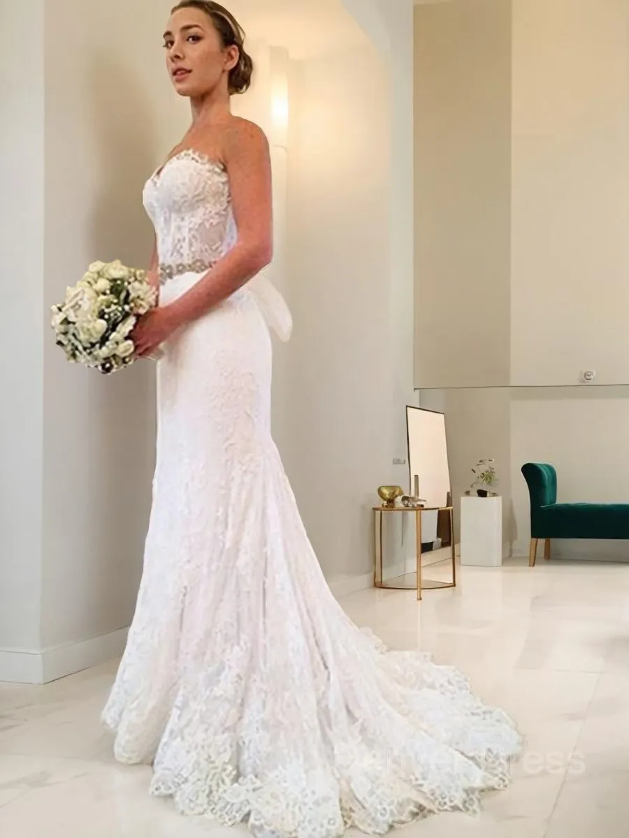 Sheath Sweetheart Sweep Train Lace Wedding Dresses With Beading