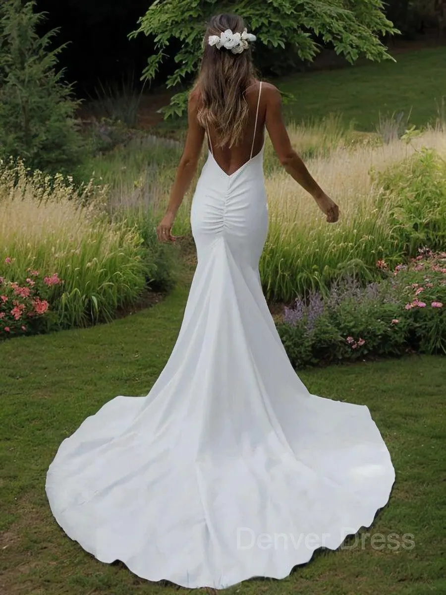 Sheath V-neck Sweep Train Stretch Crepe Wedding Dresses