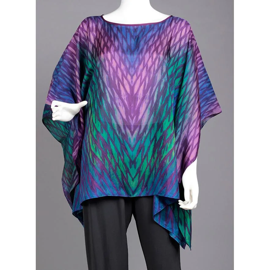 Shibori Silk Poncho SY02 in Purples Greens and Blues by Cathayana