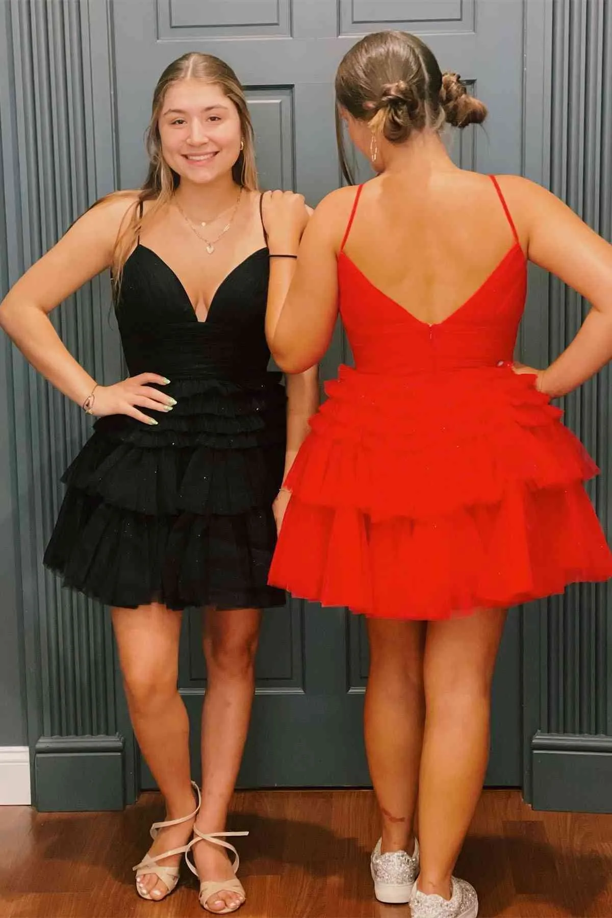 Shiny A-Line Black Tiered Tulle Short Homecoming Dresses,Red Navy Blue Cocktail Dress