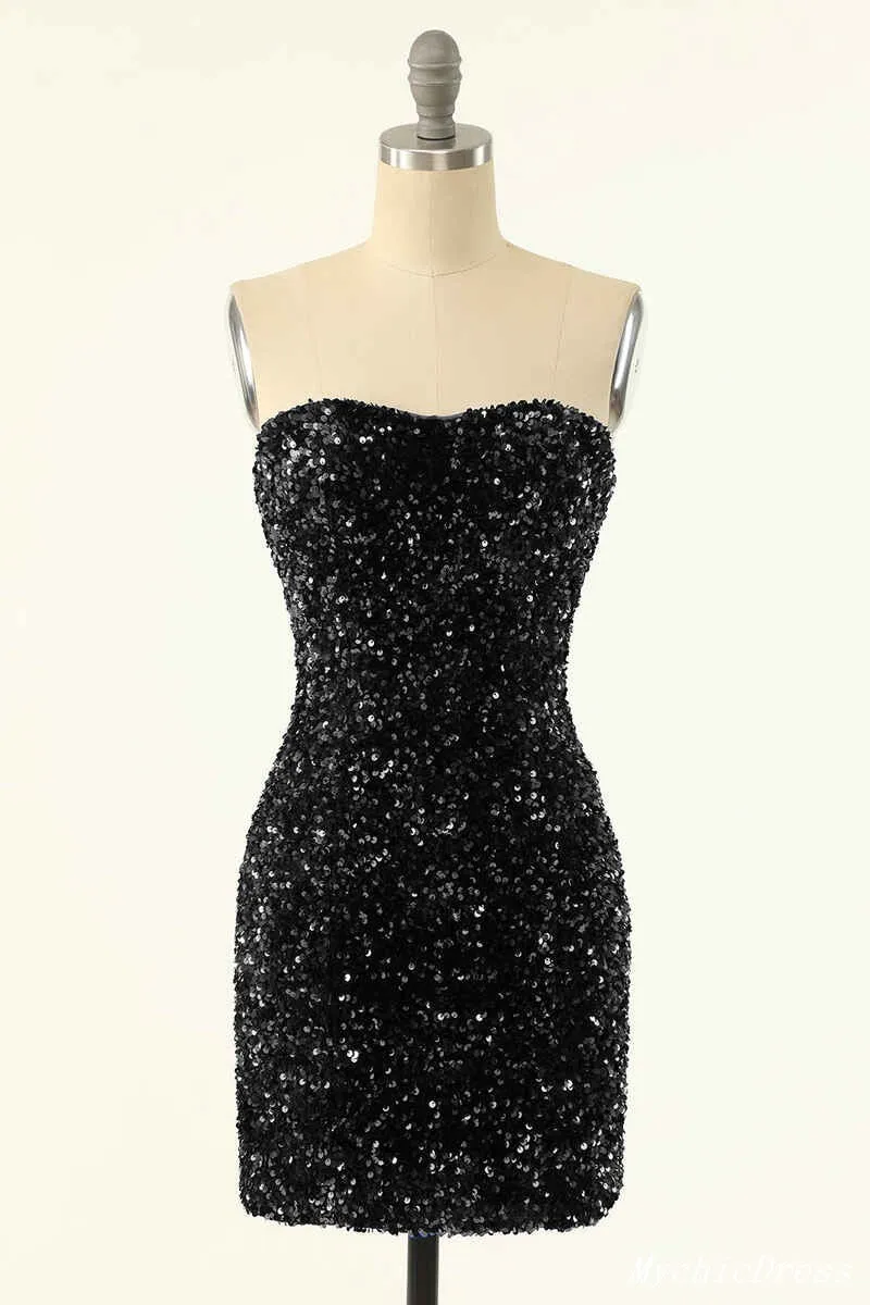 Sparkly Sequined Cocktail Dress,Short Sky Blue Black Hoco Dresses