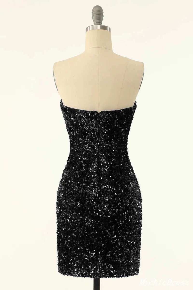 Sparkly Sequined Cocktail Dress,Short Sky Blue Black Hoco Dresses