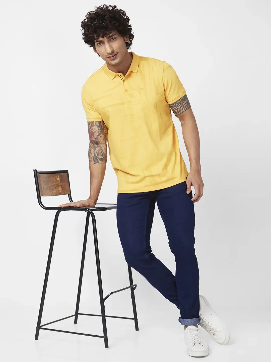 Spykar Men Amber Yellow Blended Slim Fit Half Sleeve Polo Neck Plain Tshirt